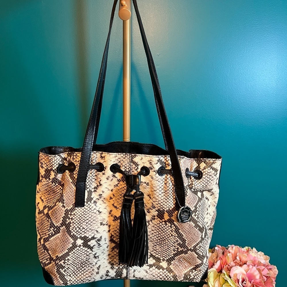 Patricia Nash Cream and Black Leather Tote Bag with Snakeskin Pattern